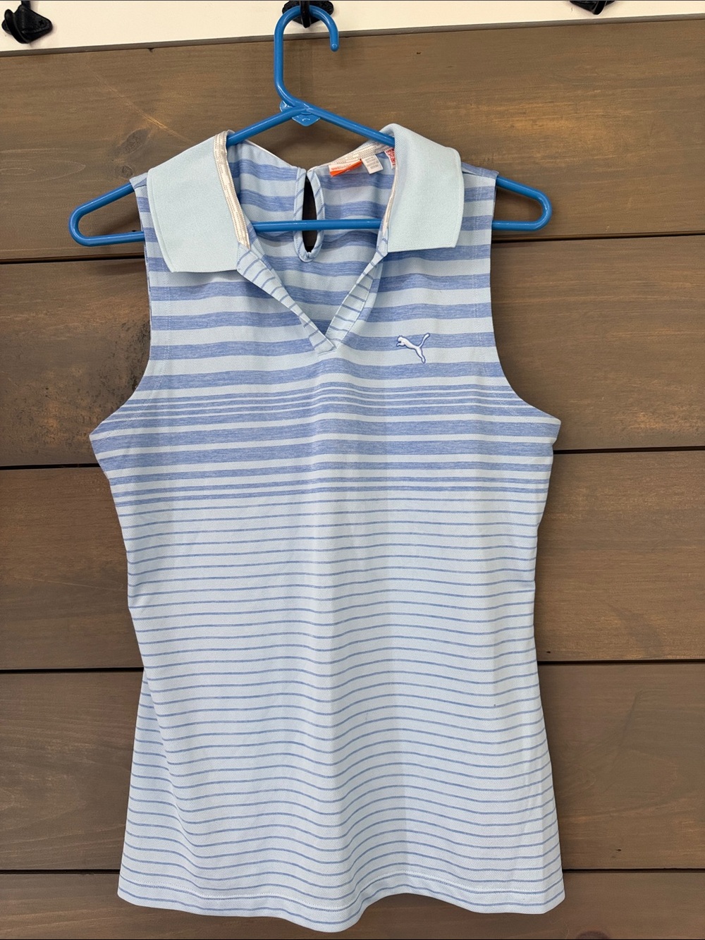 Puma Light Blue & White Striped Sleeveless golf Polo Top